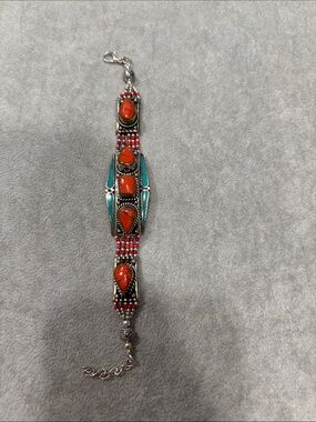 Turquoise & Coral Stone Artisan Bracelet - Women Jewelry